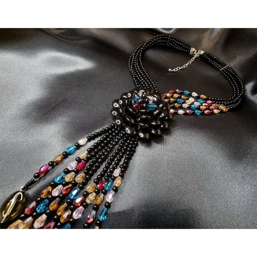 Vintage Large Style Black Beaded Crystal Statement Necklace With Multi-Color Dro